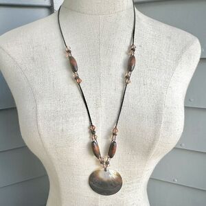 Abalone brown beaded long pendant necklace